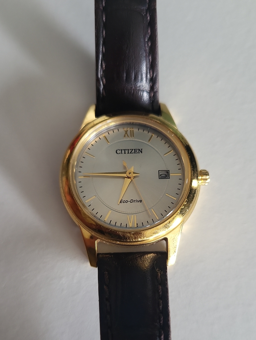 Citizen Eco-Drive Gold Watch with Chocolate Brown Leather Strap